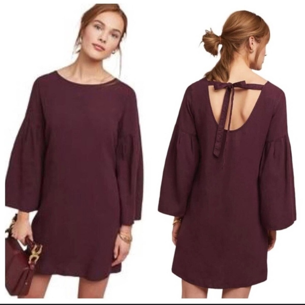 Anthropologie M Plum Purple & Stone Bell Sleeve Tunic Dress